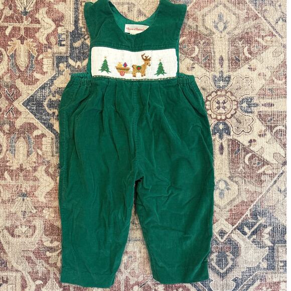 House of Hatten Other - House of Hatten green corduroy Christmas tree smocked boys overalls SIZE 12M